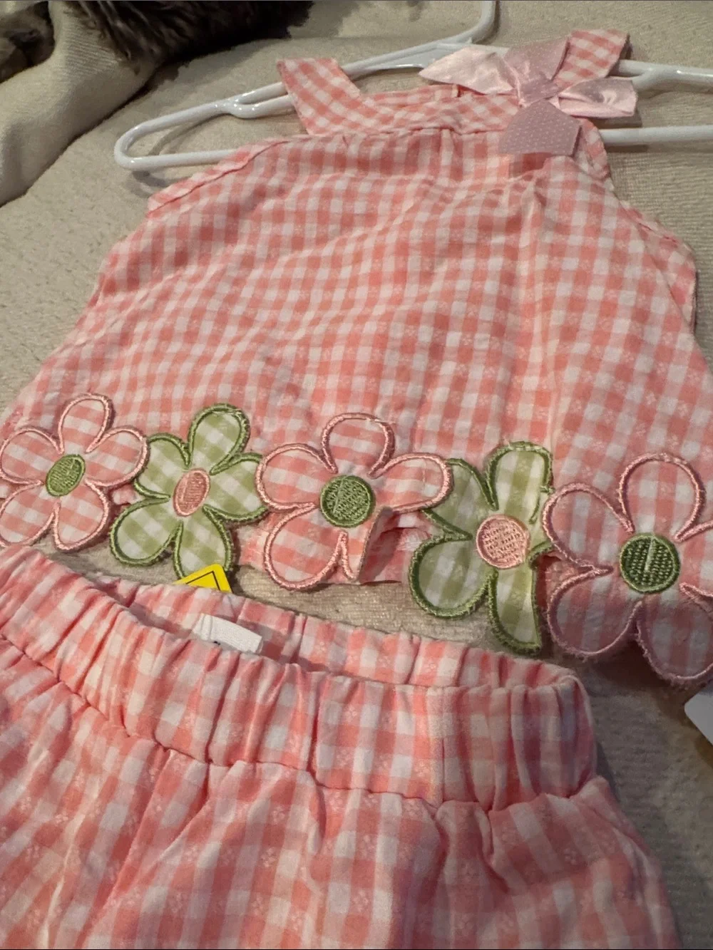 SHEIN Pink Gingham Floral Trim Kids Matching Set